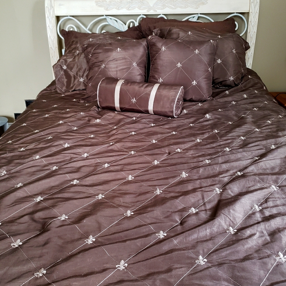 Comforter, 3 throw pillows and 2 pillow shams